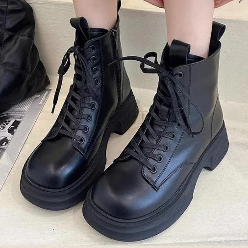 Женские короткие ботинки в стиле ретро, осенние, британские, уличные, на молнии, ботильоны на шнуровке, толстая подошва, Zapatillas Plataforma Mujer