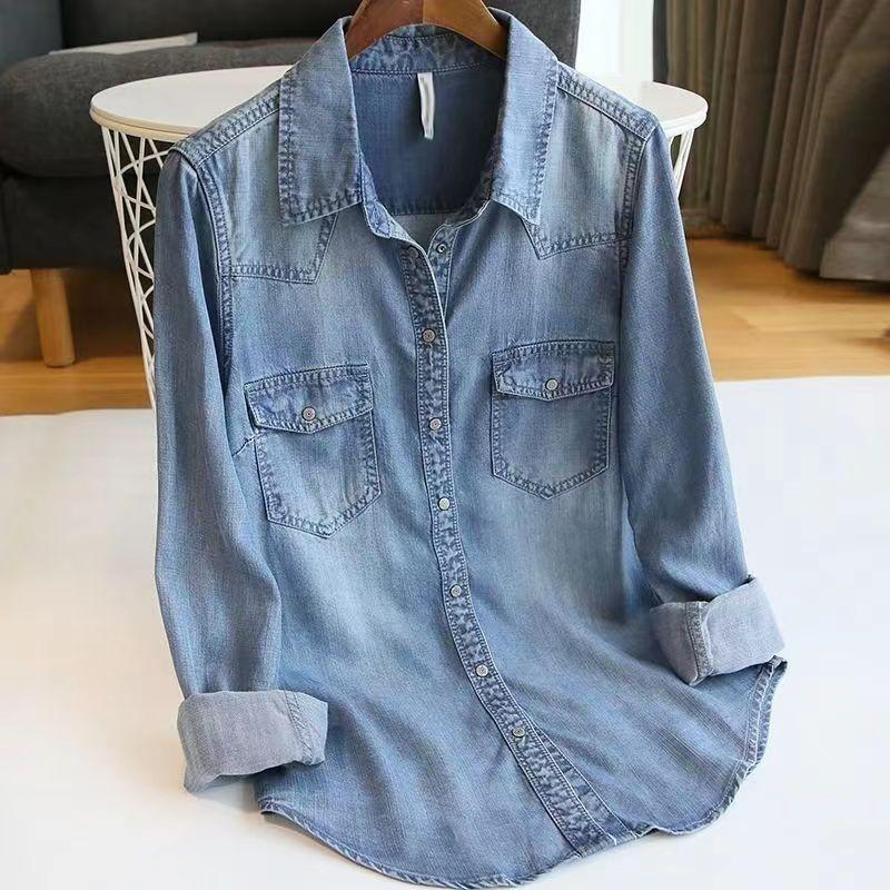 Women Fashion Blue Shirts Autumn Casual Long Sleeve Solid Blue Cotton Spring