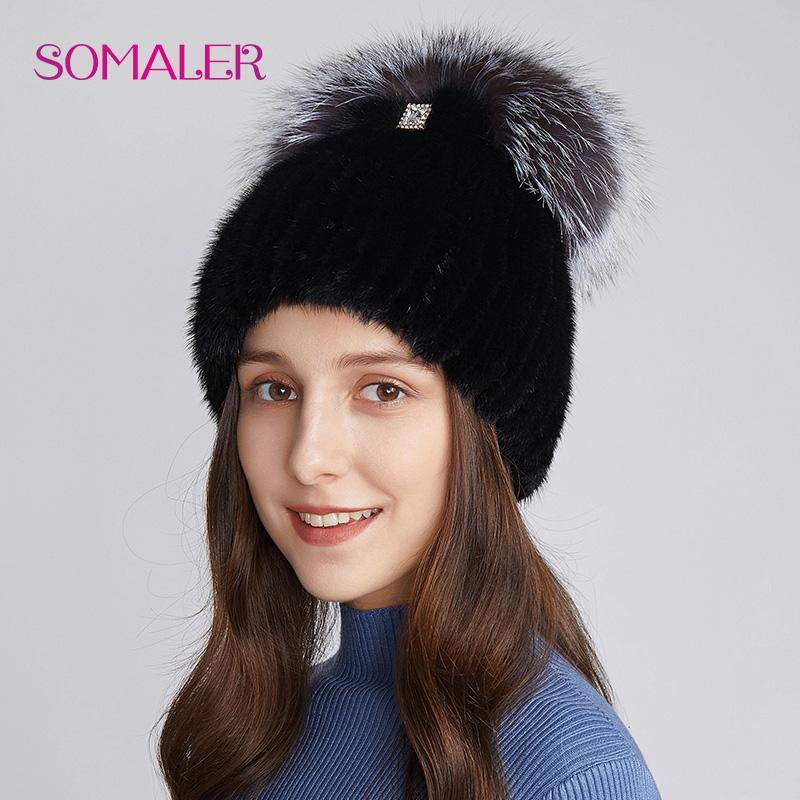 SOMALER Вязаные шапки из натурального норкового меха для женщин, зимняя теплая шапка из лисьего меха с украшением, уличная шапка с черепом