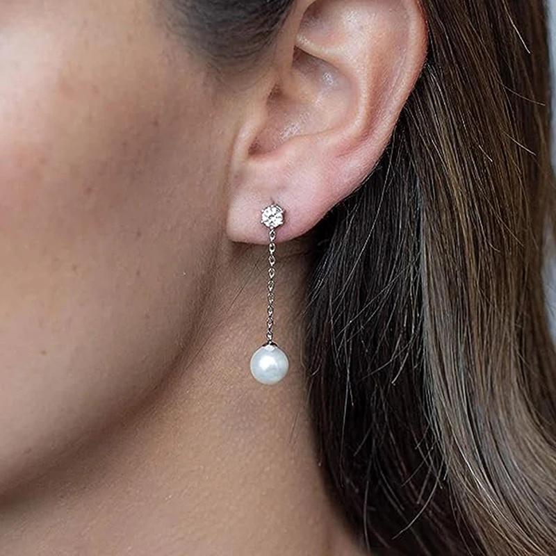 Huitan Imitation Pearl Lady Drop Earrings Chain Design Elegant Wedding Charming Accessories Trendy Party Inlaid Shiny CZ JewelryGood product
