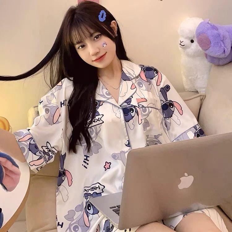 Женская пижама из ледяного шелка, летняя свободная и роскошная тонкая домашняя одежда с короткими рукавами