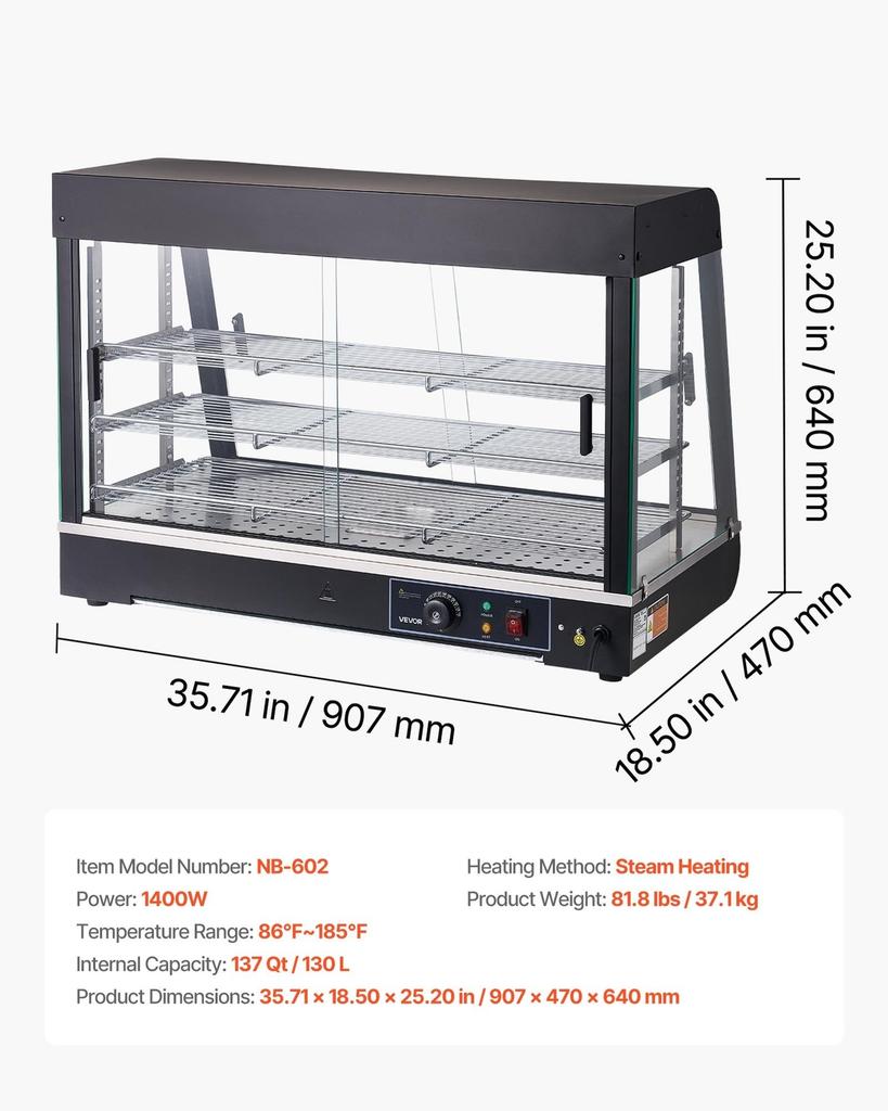 3-Tier Commercial Food Warmer Display, 1400W Food Display Warmer with LED Light, Top Storage and Adjustable Shelves, 30-85 Steam Heating, 137Qt/130L