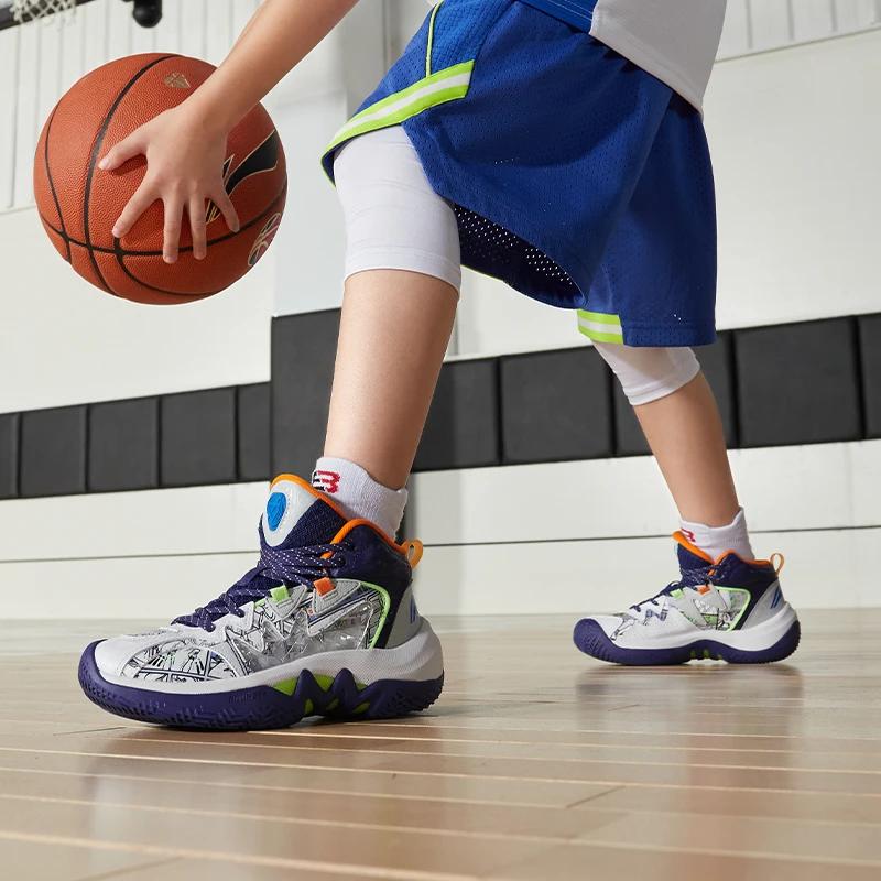 Li Ning Comfortable Non-Slip Shock Absorbing Wear-Resistant High-Top Basketball Shoes Kids Sneakers Dark-Blue YKBS086-7