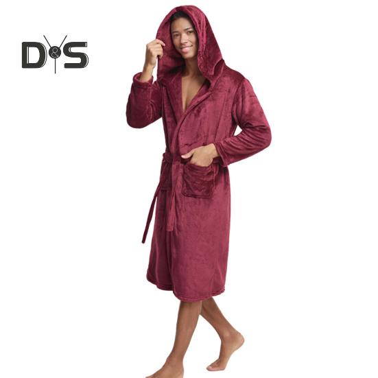 Men Nightgown Hooded Long Sleeve Belt Flannel Bathrobe with Pockets Solid Color Quick-Drying Fabric Knee-Length Loungewear Robe