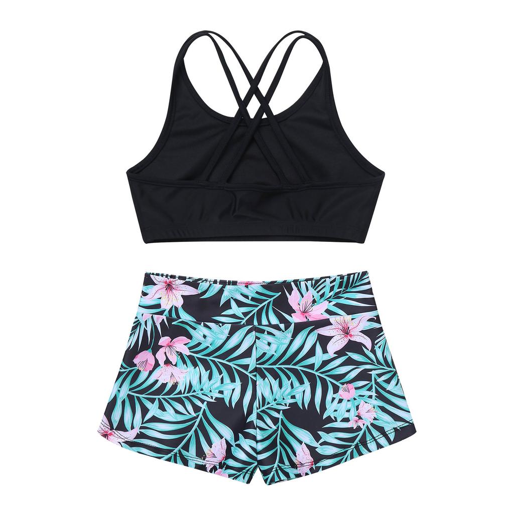 Wide Elastic Waistband Pink Lily Print Shorts Set for Gym Yoga Running 2Pcs Kids Girls Sport Suit with Spaghetti Straps Vest