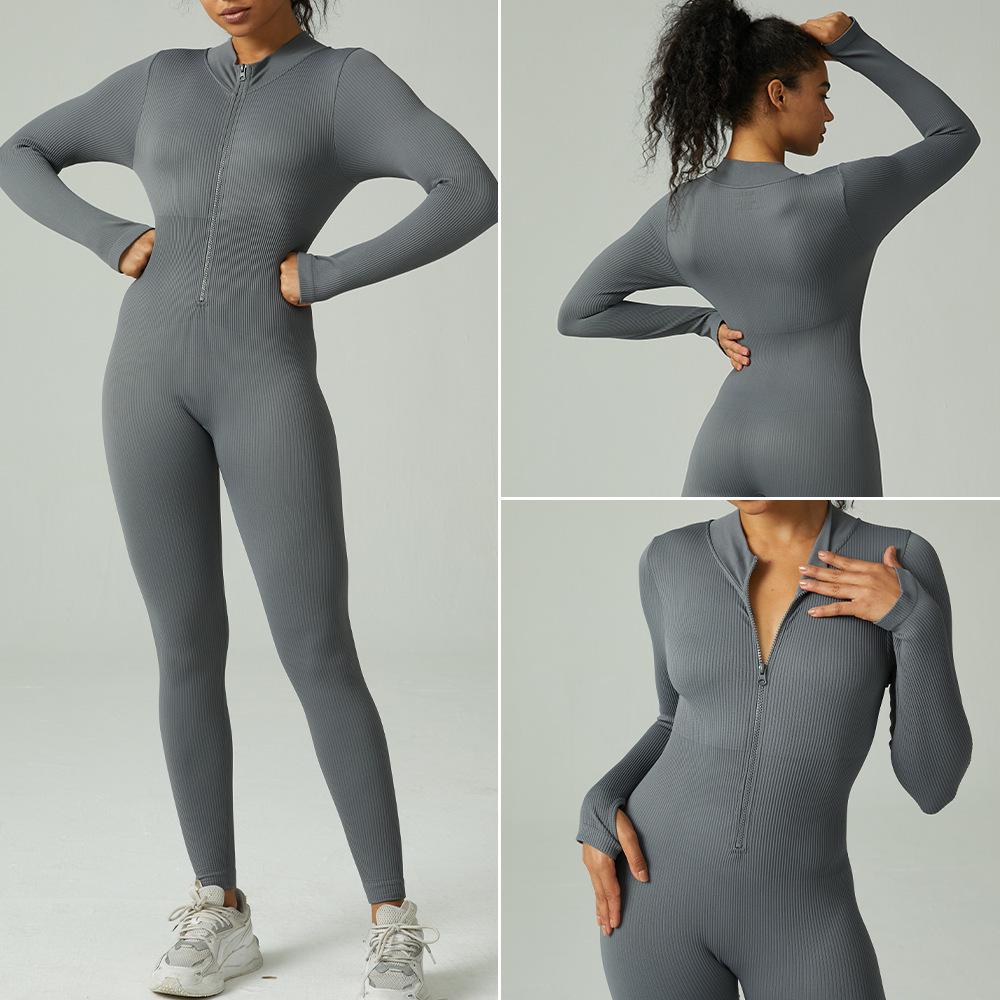European & American Seamless One-Piece Yoga Jumpsuit - Women's Long-Sleeve, Waist-Cinching Athletic Wear