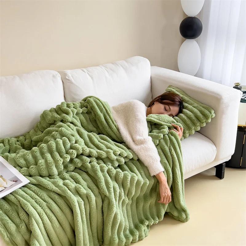 New Imitation Rabbit Plush Warm Blanket Set Or Only Blankets For Autumn Winter Soft Fluffy Warmth Lounger Sofa Throw Blankets