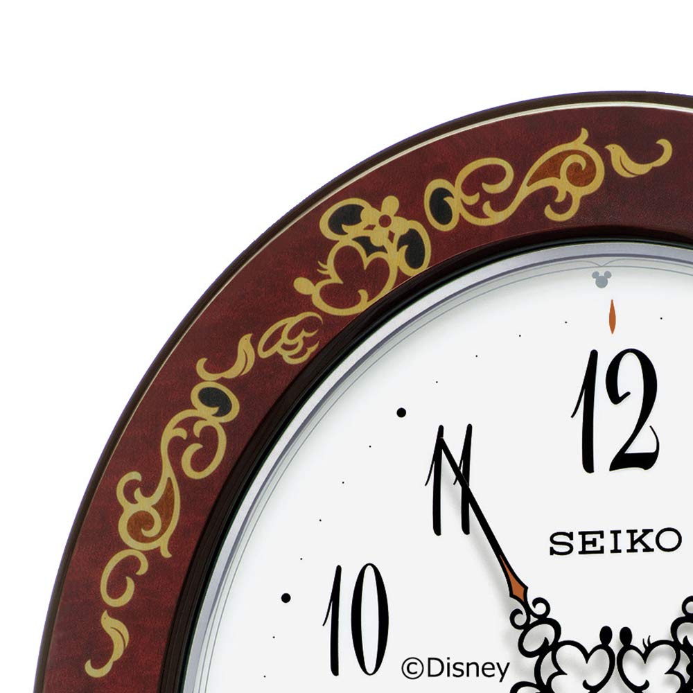 Часы настенные Seiko с персонажами для взрослых Disney Микки Маус Минни Маус радиоволны аналоговые коричневые арабески узор глянец корпус xx см FS510B размер 37.0