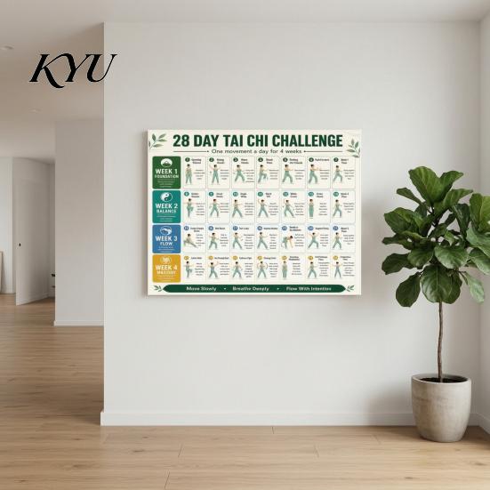 Mindful Body Awareness 28 Day Tai Chi Challenge Poster, Beginner Guide Chart, Physical Therapy Aid Standing Home Workout Routine, Gentle Exercises for