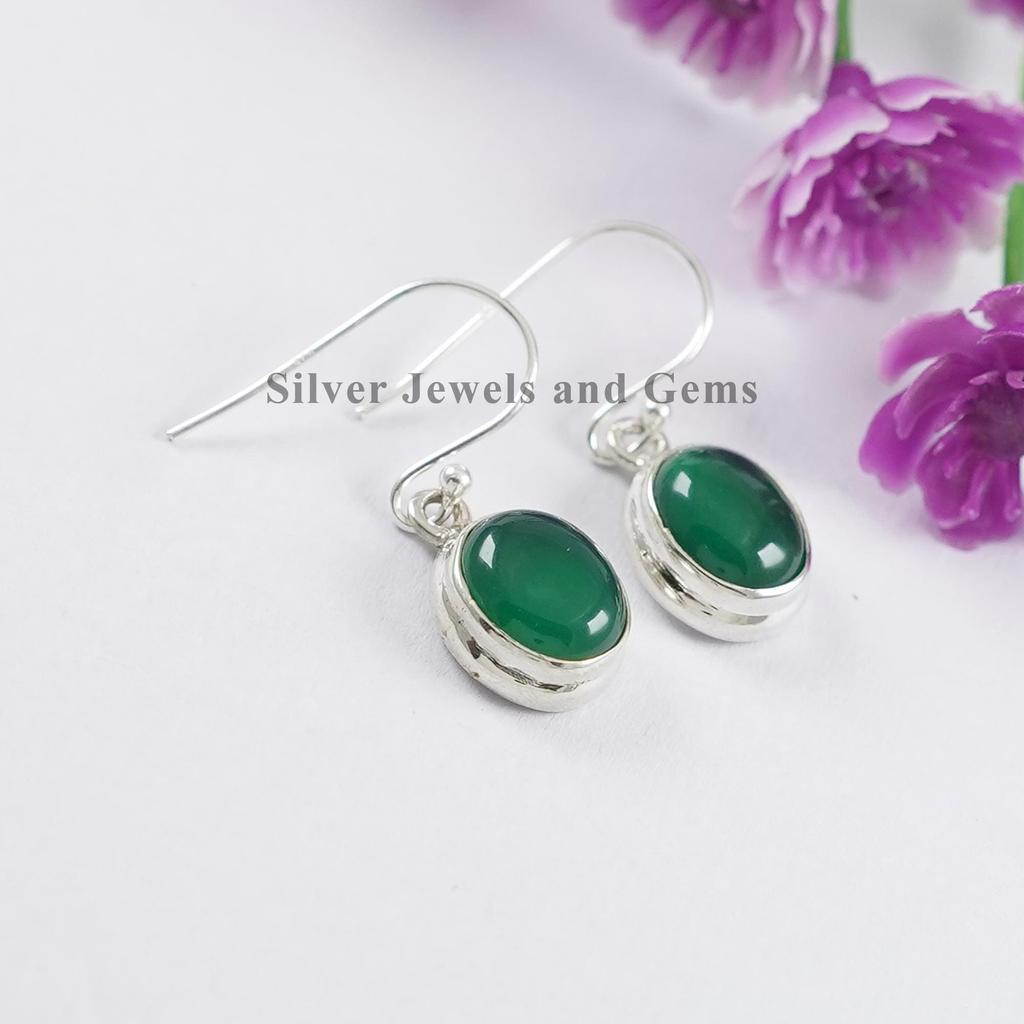 Green Onyx Earrings: Handmade 925 Sterling Silver Dainty Oval Gemstone