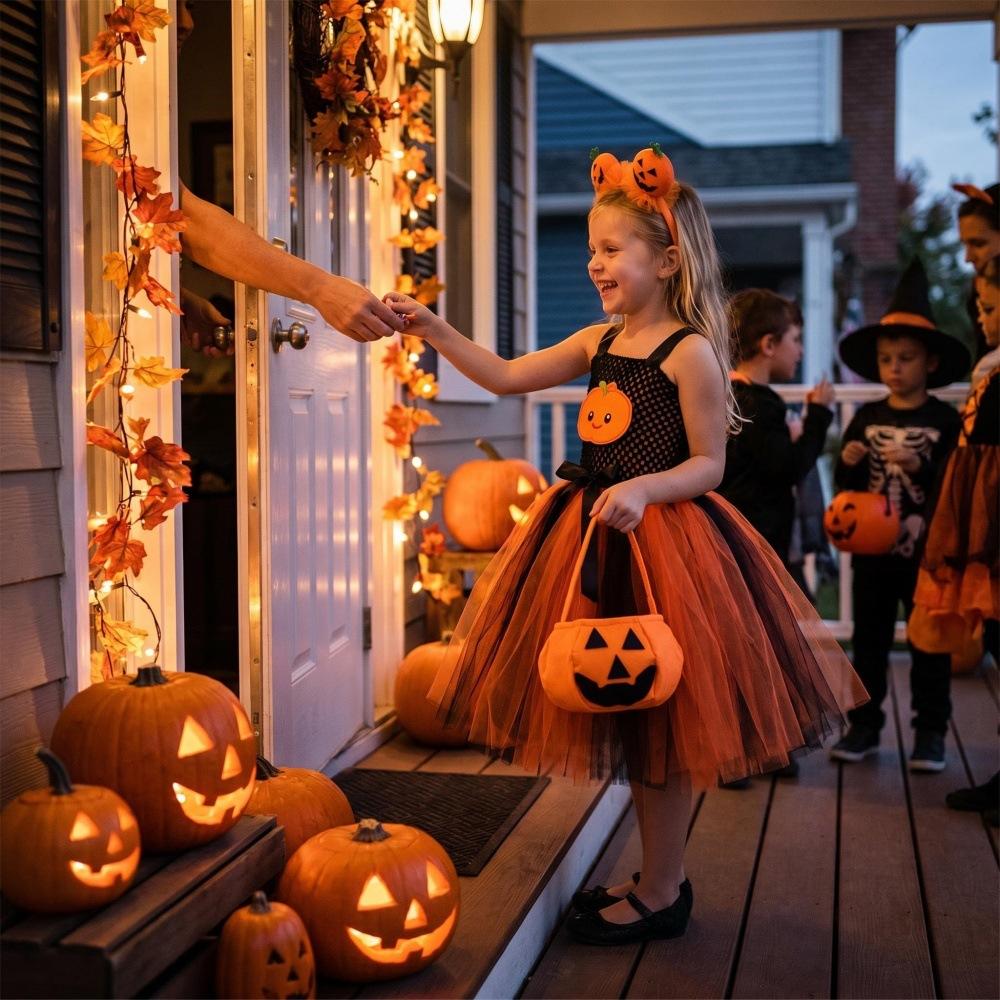 Kids Halloween Witch Cosplay Outfit, Pumpkin Tulle Skirt Carnival Party Stage Dress