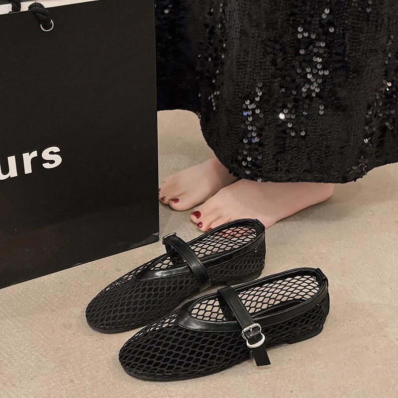 Fashion Summer, Wear Round Toe, Straight Buckles, Casual and Comfortable, Women's Flats, Cut-out Mary Jane Single Shoes,fishnet Shoes