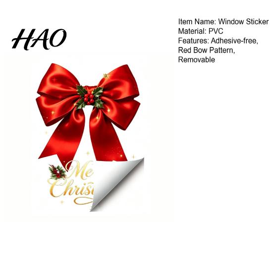 Seasonal Home Decoration Christmas Bow Window Sticker, Red Static Cling, Waterproof Party Decor Removable PVC Decal for Holiday Glass Windows