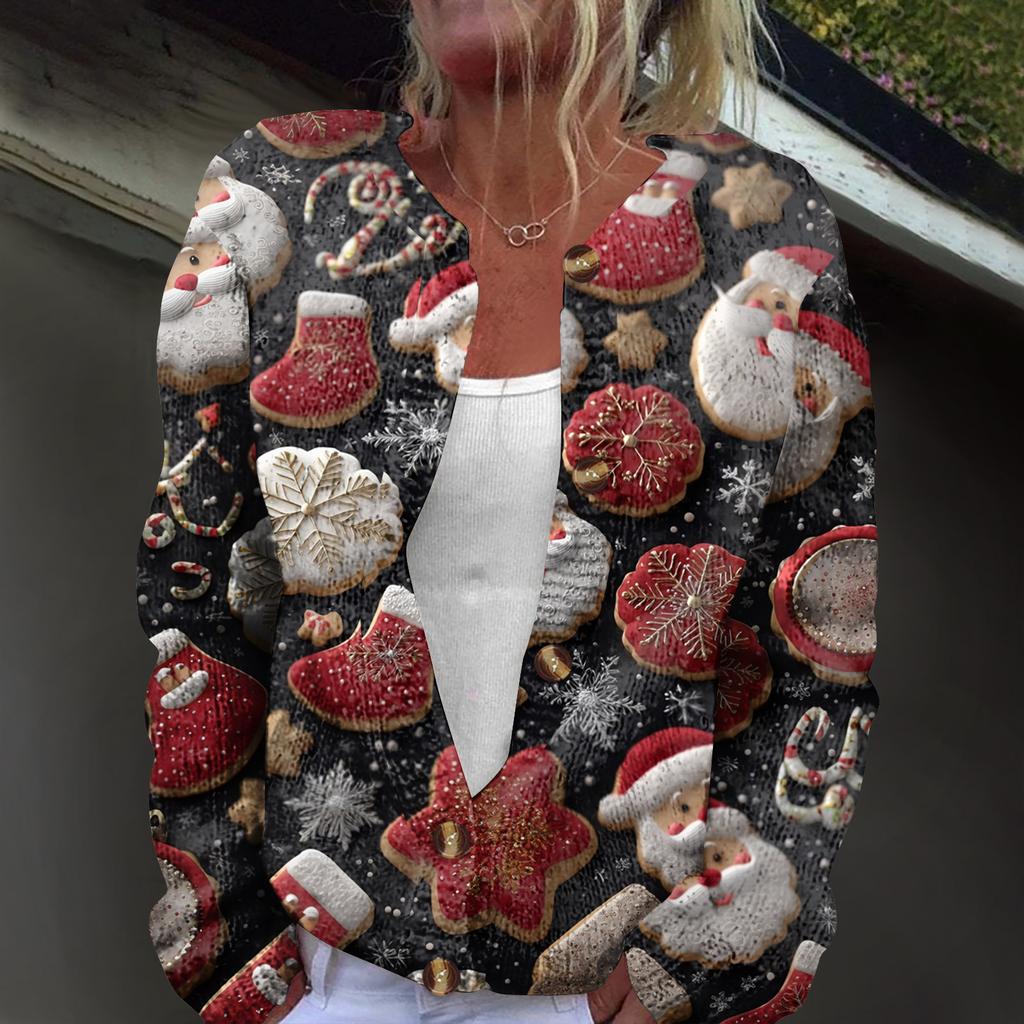 Women's Fashion Christmas Print Long Sleeve Knitted Cardigan Button Jacket