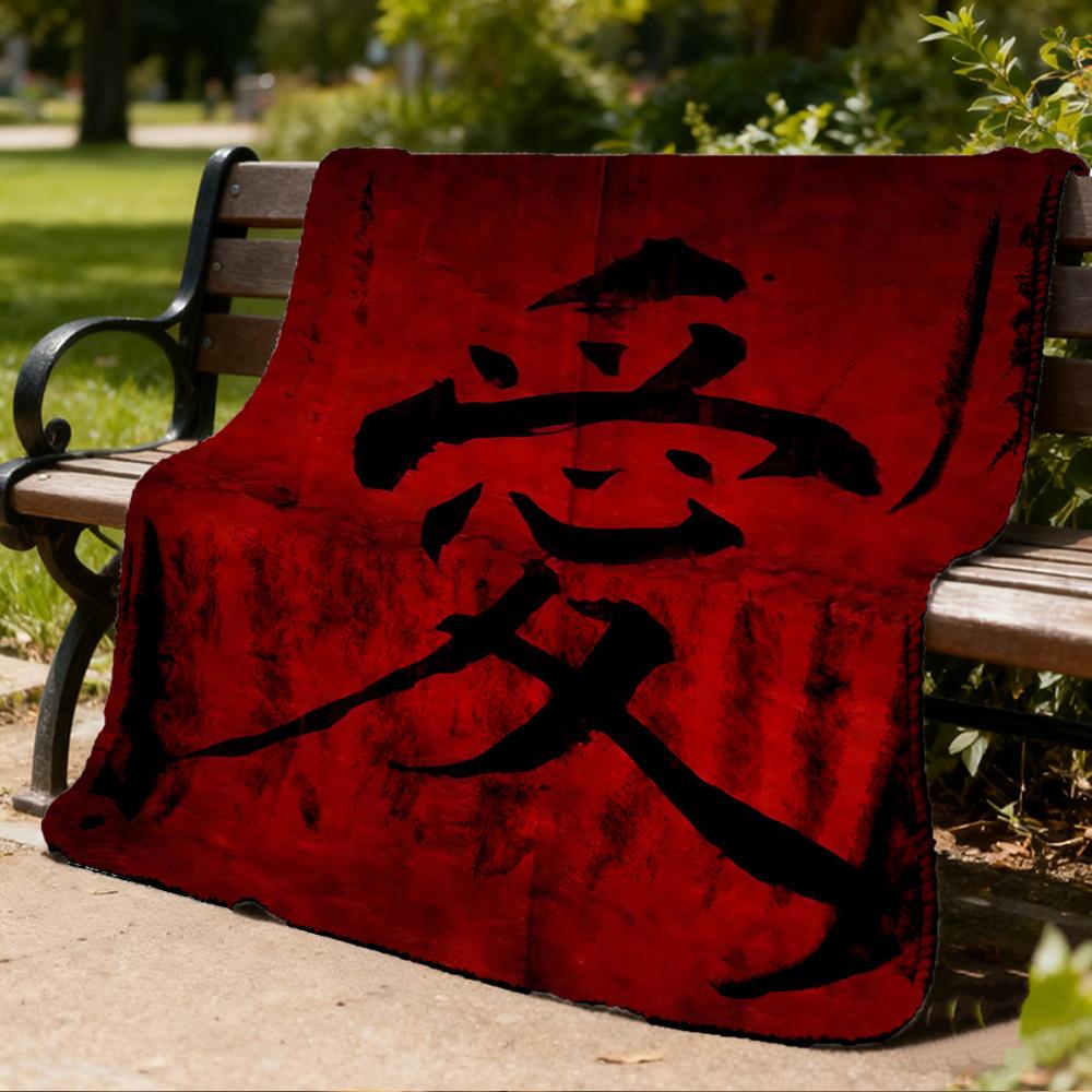 1pc Love Chinese Calligraphy Outdoor Flannel Blanket , Machine Washable Perfect Gift for Birthday , Holiday Travel Accessory , Durable Material