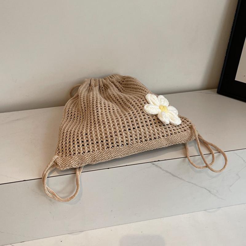 Yogodlns Модная однотонная вязаная крючком сумка на плечо с цветочным декором, плетеная женская пляжная праздничная сумка-ведро с выемкой, большая вместимость, рюкзак