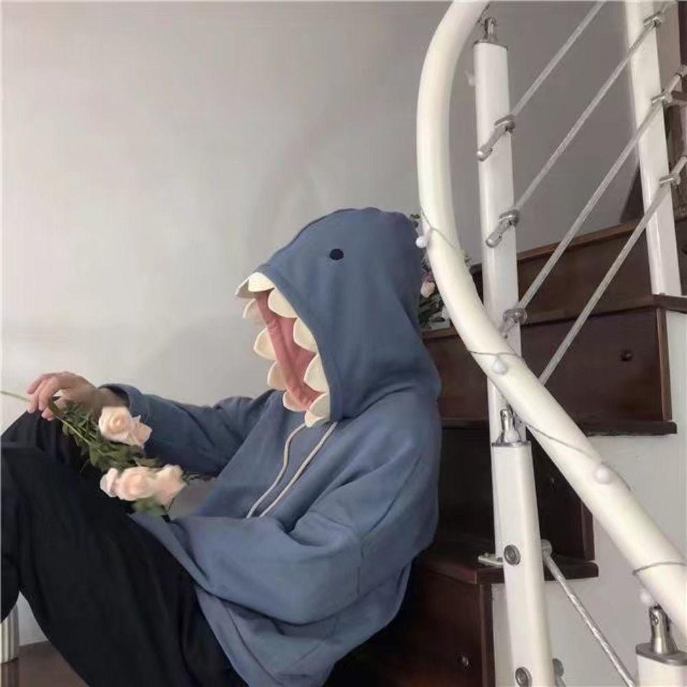 Long Sleeve Hooded Sweatshirts Pullover Shark Hat Sweater Fleece Shark Hoodies School Student