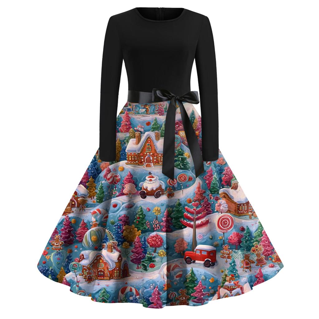 Женское модное повседневное платье с круглым вырезом, рождественским принтом и длинными рукавами