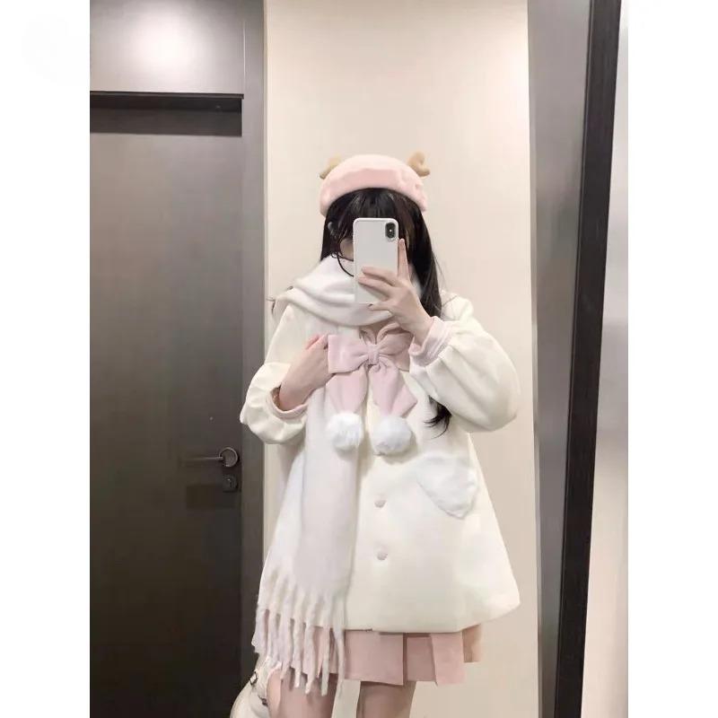 Женские пальто Контрастный матросский воротник бант однобортный сердечко карман сладкий возраст уменьшение универсальное шерстяное пальто женская одежда