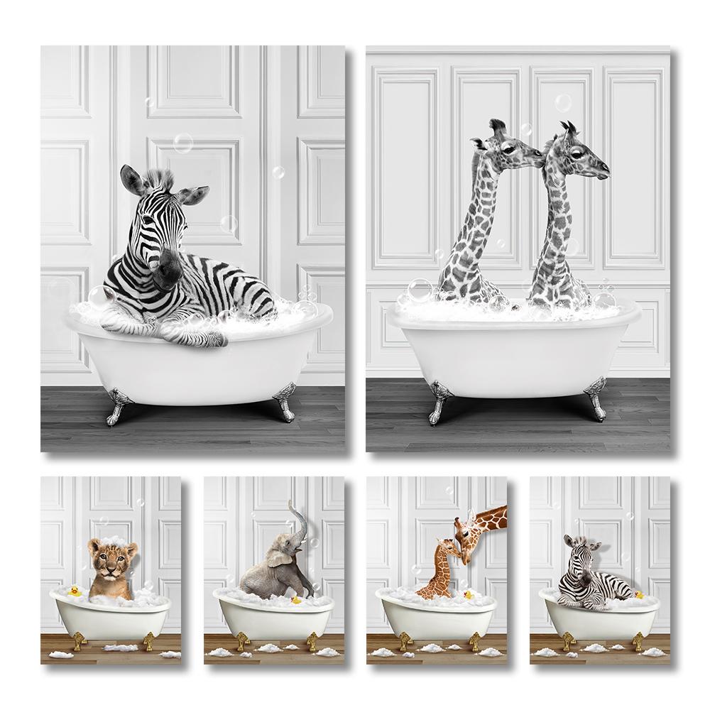 Забавные животные Настенное искусство Постеры Принты Купающийся жираф Пингвин Слон Зебра Холст Живопись Картина для Ванной Комнаты Комнаты Домашний Декор