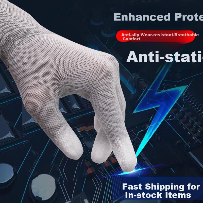 Anti-Static Gloves, Carbon Fiber Nylon, PU Coated Fingers And Palm, Breathable Wear-Resistant Non-Slip Touchscreen Compatible, Size M, 10 Pairs
