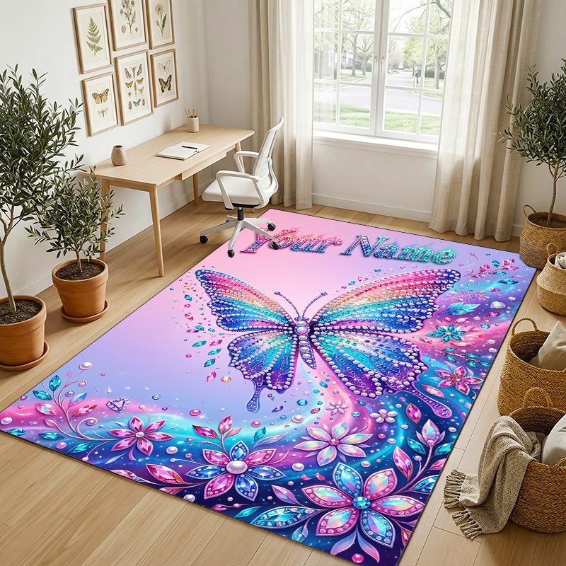 Butterfly Theme Crystal Velvet Rug Personalized Custom Name Text Soft Floor Mat Home Decor