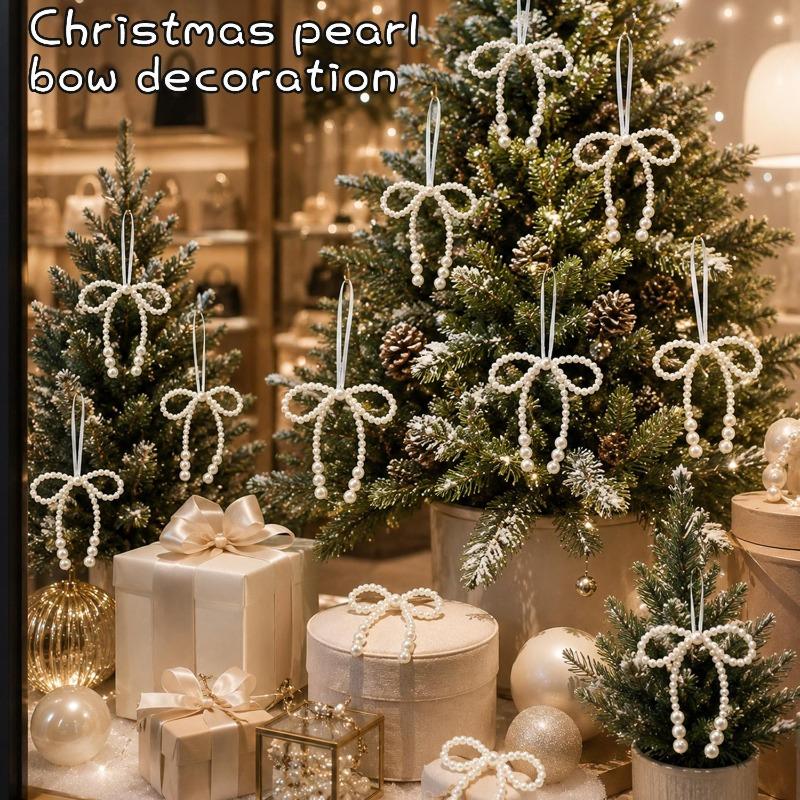Christmas Pearl Bow Hanging Ornaments DIY Wreath Pearl Bow Pendant Xmas Tree Decoration New Year Wedding Party Wall Decor Gifts
