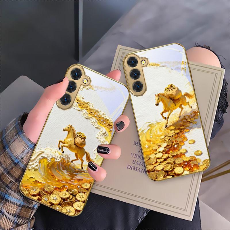 Золотая скачущая лошадь Для Samsung Galaxy S20 FE S21 S22 S23 Plus S24 Ultra S25Ultra S21+ S9+ S22Plus Золотой стеклянный чехол для телефона