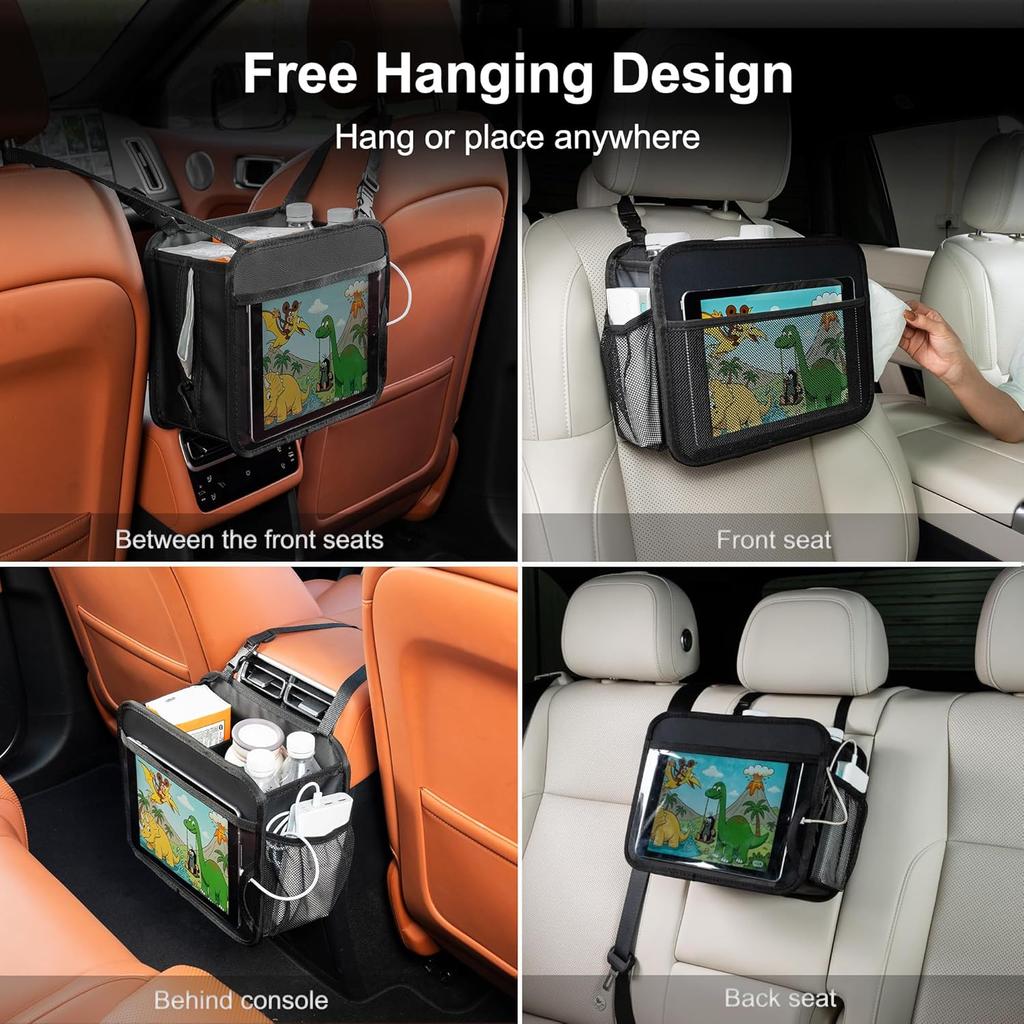 Car Organizer Bag for Back Seat Front Seat or Between Seats Premium PU Leather Hanging Storage Caddy with Tablet Holder Tissue Box Cup Bottle Holders