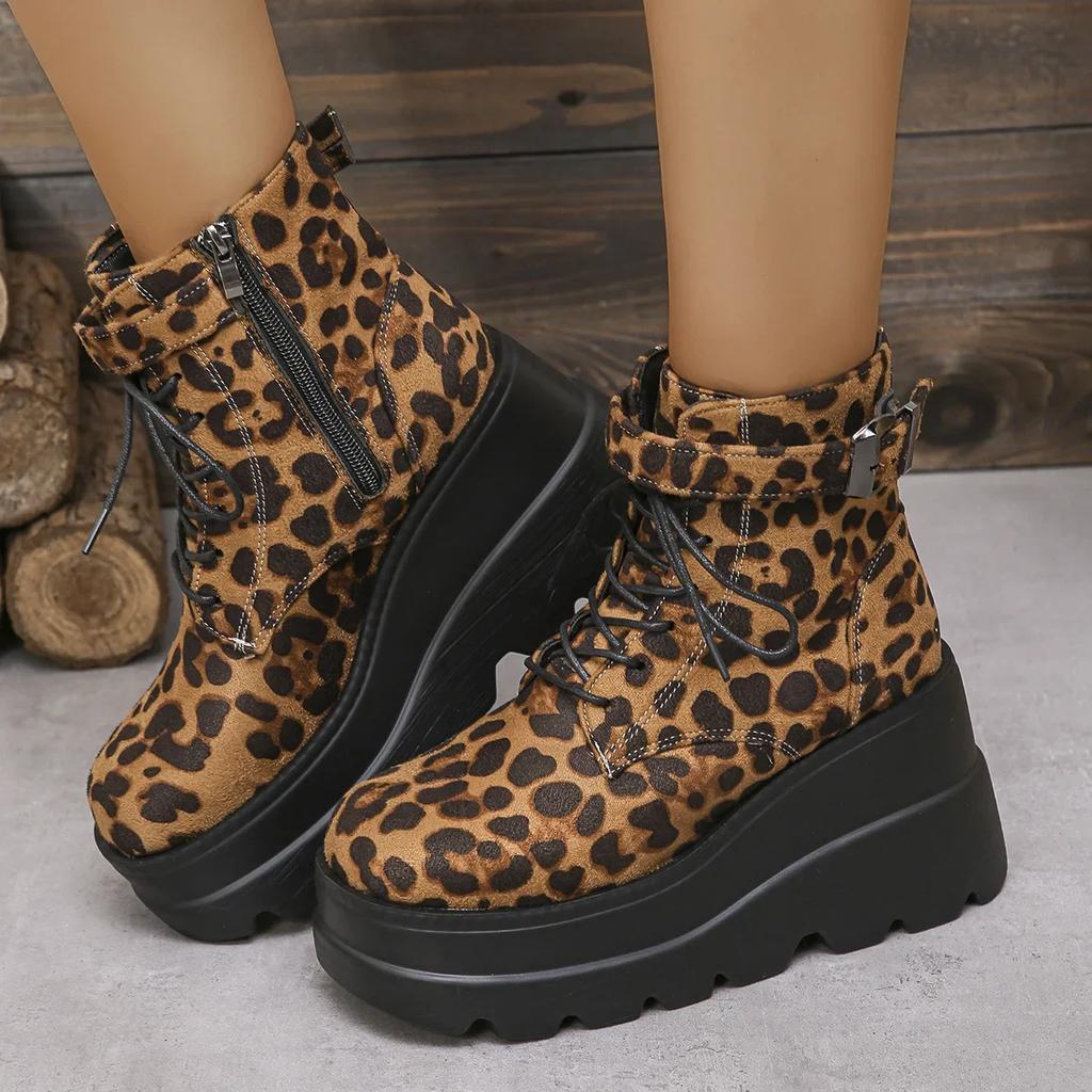 2025 Ladies Shoes Large Size Ankle Women's Boots High Heel Modern Boots Women Leopard Side Zip Front Lace-up Wedge Female Shoes