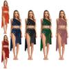 Womens Lyrical Modern Dance Outfits Dancewear One Shoulder Ruched Mesh Overlay Rhinestones Crop Top with Irregular Hem Skirt