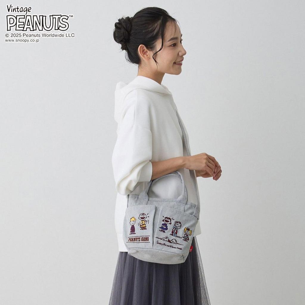 ROOTOTE Вышитая мини-сумка-тоут Snoopy с плечевым ремнем Baby 0C 8422 Светлый ремешок, Лу, Карманы, Peanuts, (04 Серый)