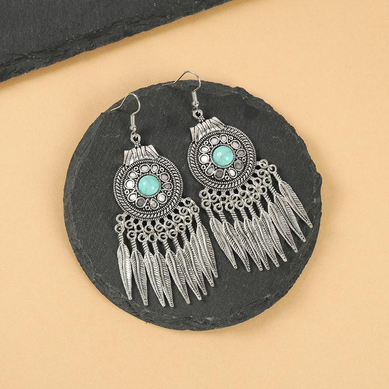 Vintage Miao Silver Fringed Earrings with Turquoise Long Indian Bohemian Earrings Exotic Earrings