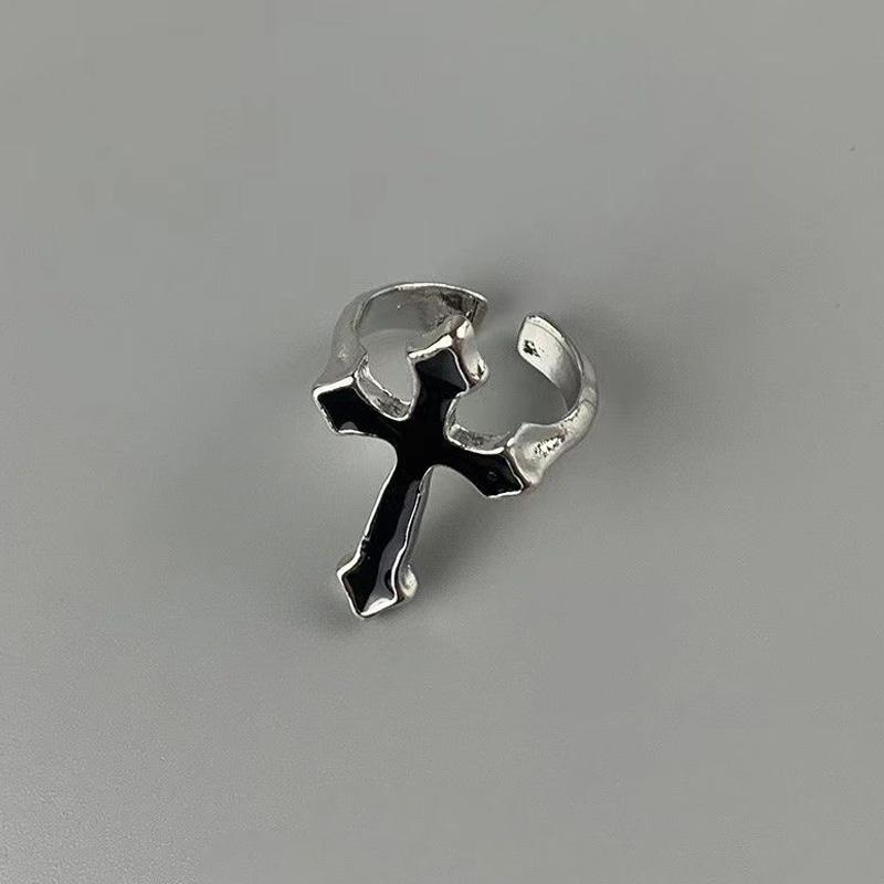 Retro Black Cross Ring for Men Women Oil Drip Metal Punk Gothic Adjustable Ring Hip Hop Handmade Unisex Jewelry Accessories Gift
