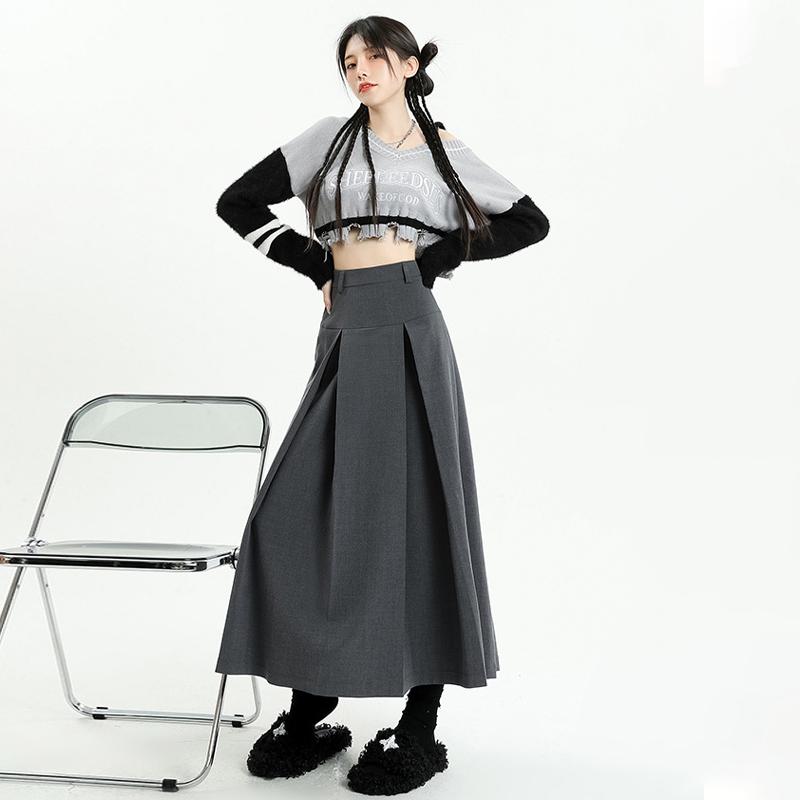 Винтажный серый костюм, юбка трапециевидной формы, женская весенне-осенняя плиссированная юбка средней длины с высокой талией в студенческом стиле
