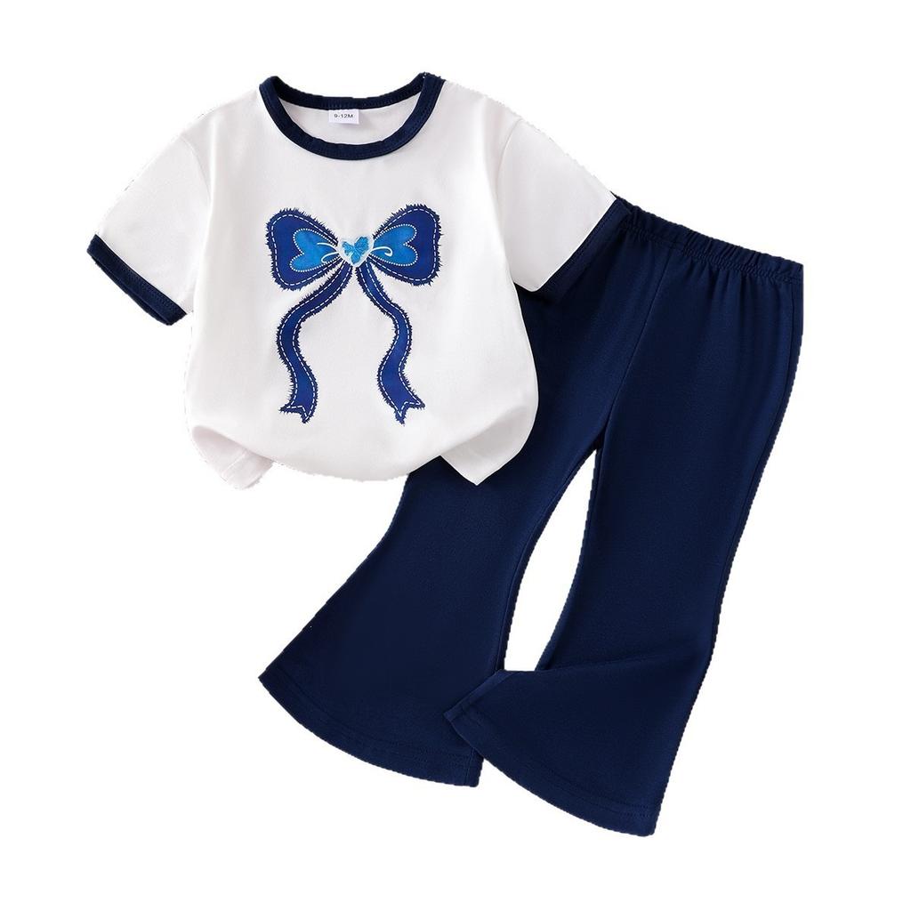Girls' Fashionable Outfit - Summer Children's Casual Short-sleeved Top T-shirt + Flared Pants Set