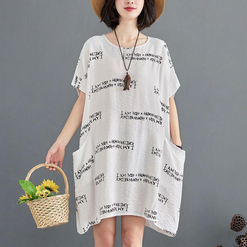 Женское платье больших размеров с летним принтом в виде букв, миди-платье с коротким рукавом, повседневные свободные платья