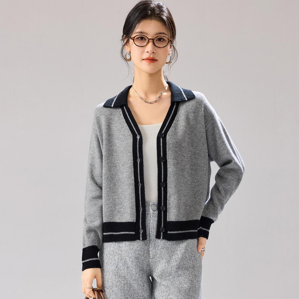 100% Sheep Wool Thickening Autumn and Winter Women's Color Contrasting V-neck Cardigan Woolen Sweater