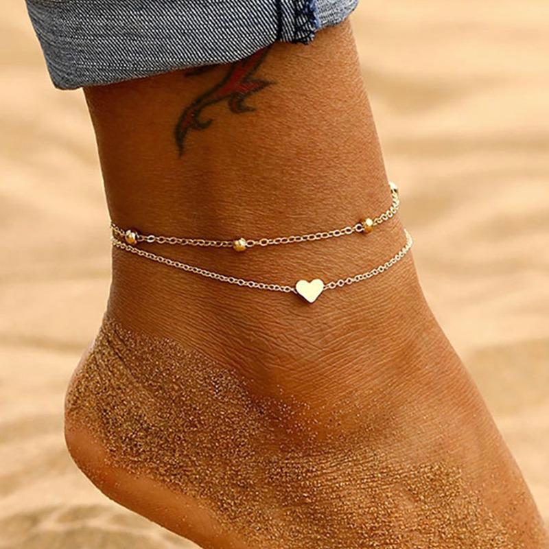 Women Anklet Bohemian Layered Heart Anklet Beach Anklets On Foot Ankle Bracelets For Women Leg Chain