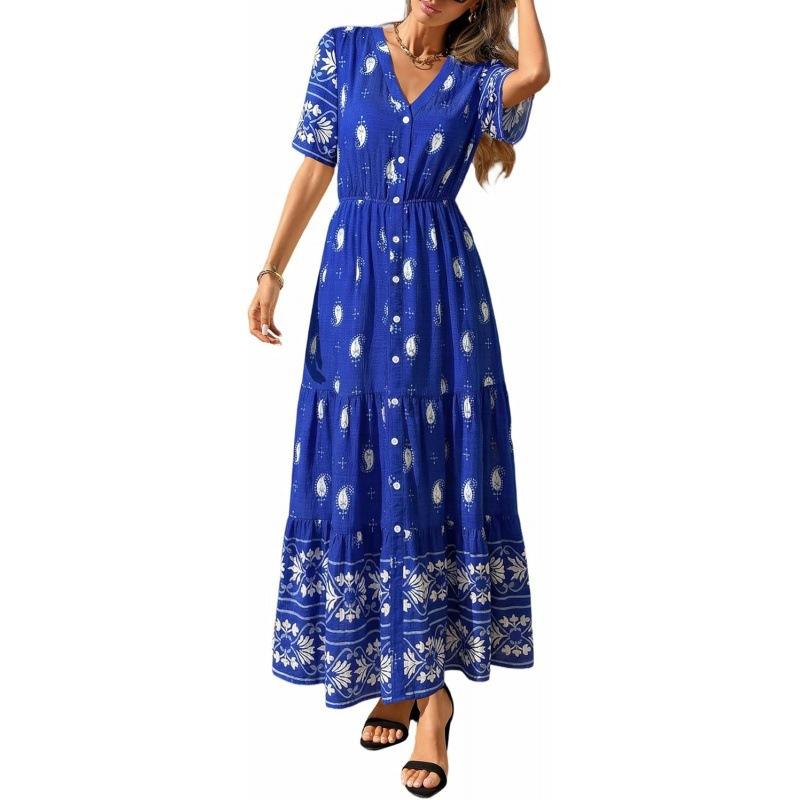 European and American bohemian short-sleeved dress women's summer new fashion V-neck elegant beach skirt