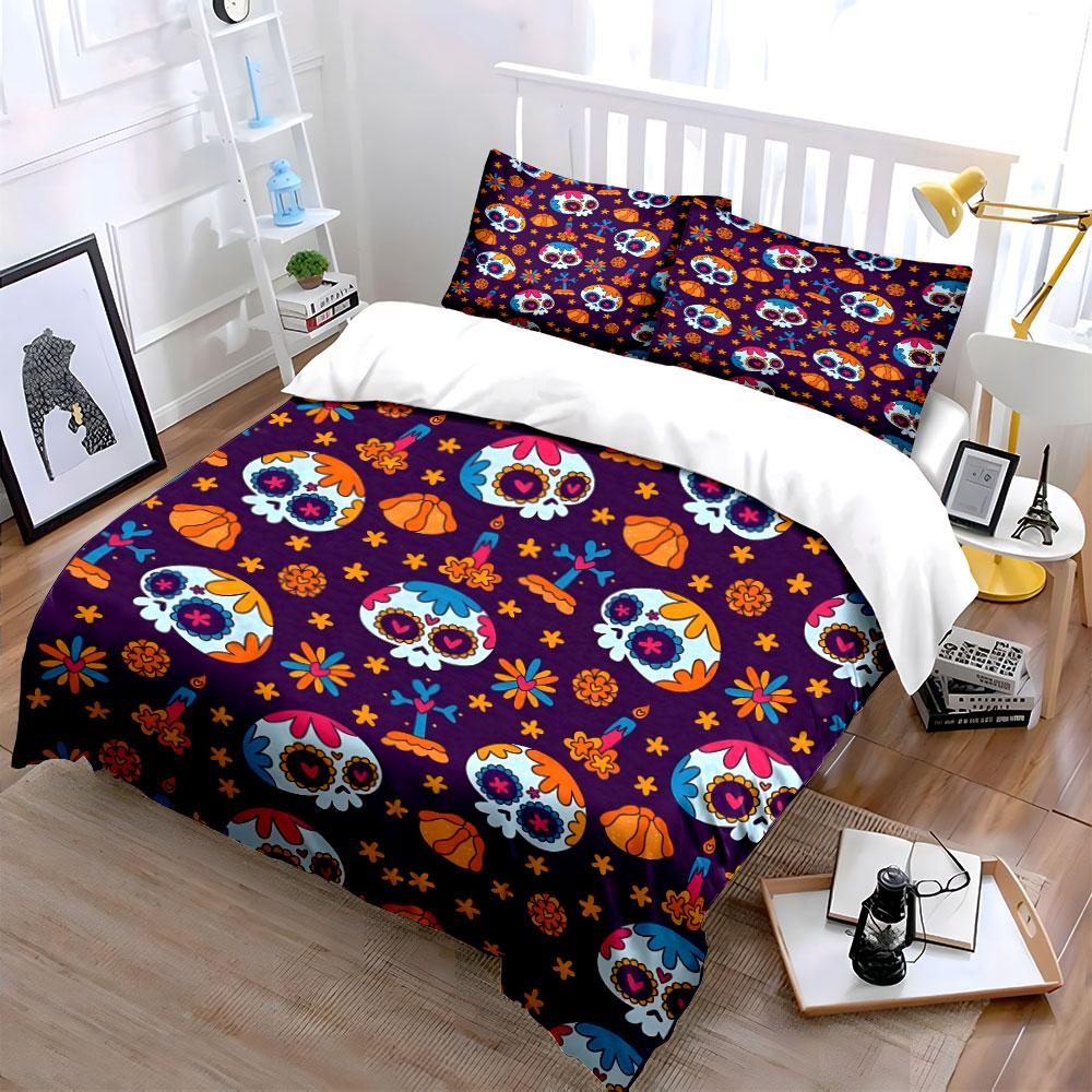 Colorful Sugar Skull Bedding Set Bedding Duvet Cover Set Duvet Cover Pillowcases (1 * Duvet Cover 2 * Pillowcases, without duvet insert)
