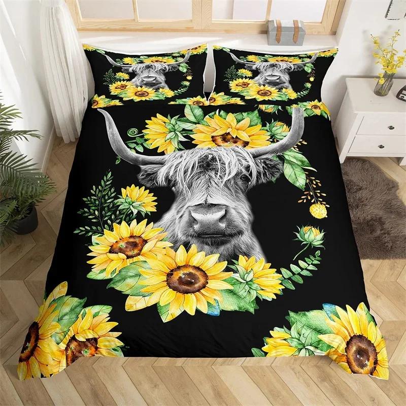 Пододеяльник Хайлендский скот Бык Подсолнух Корова Постельное белье Королева Для мальчиков Мужчин Микрофибра Дикая природа Фермерский дом Животное Покрывало