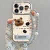 Cute 3D Bear Coffee Phone Case with Stand & Pearl Chain, Aesthetic Luxury Cover for iPhone