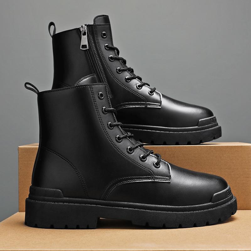 Fashion Black Men Leather Boots Winter Warm Mens Ankle Boots Outdoor High Top Casual Shoes with Fur Lace-Up Leisure Work Boots