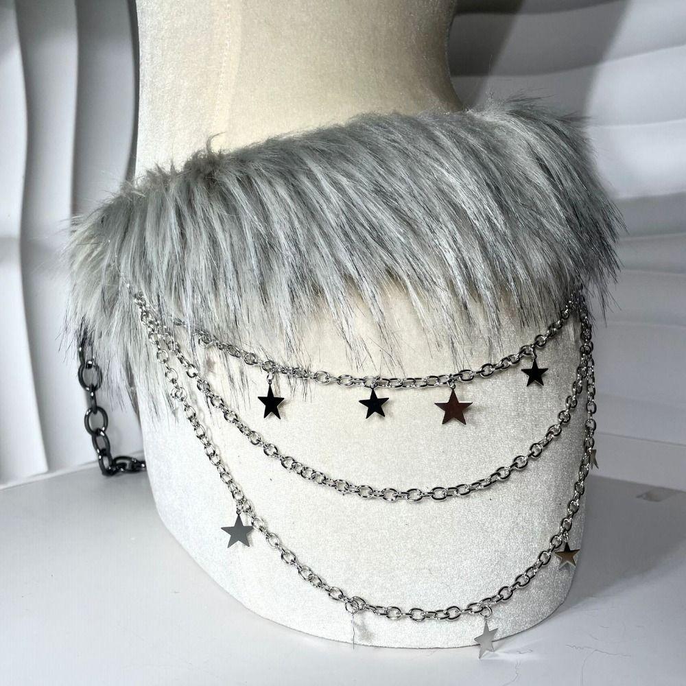 Y2K искусственный мех ремни женские модные плюшевые талии цепи ретро металлические бусины цепи ремни для клубной вечеринки