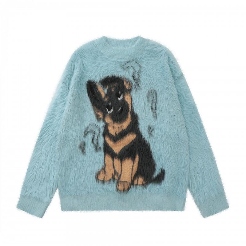 Vintage Cartoon Dog Print Fleece Knit Sweater Unisex Oversized Winter Warm Pullover Teens Streetwear