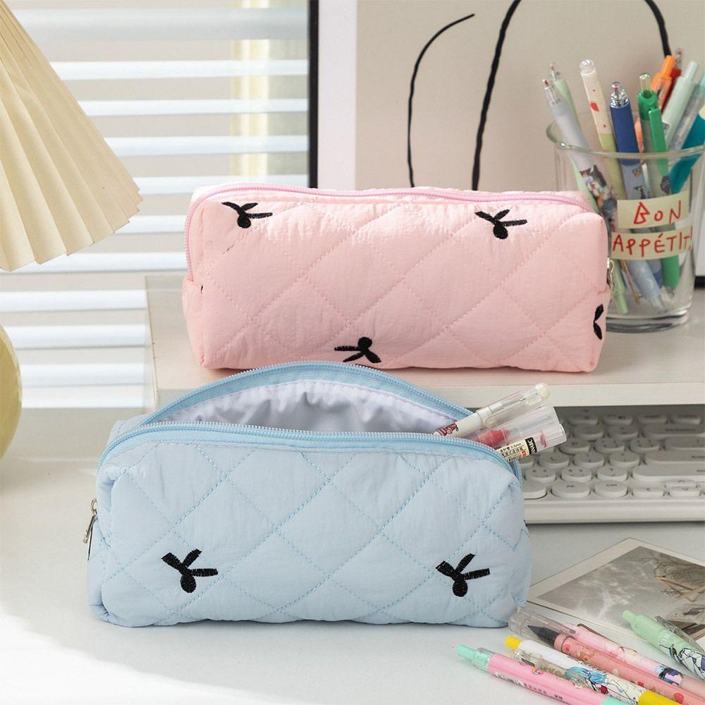 Floral Bow Pencil Bags Quilted Stationery Supplies Cotton Student Pen Pouch