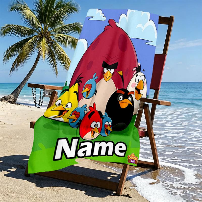 Custom Name Personalized Angry Birds Print Beach Towel, for Trip Camping Beach Party Home Decor, Birthday Gift for Family & Friends