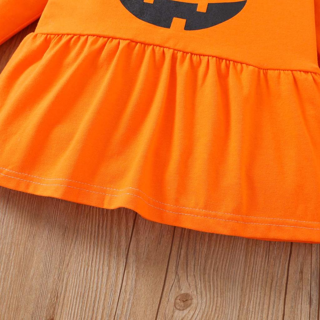 Kids Girls Halloween Outfit Spring Autumn Long Sleeve Pumpkin Printed Skirt Pants Two Piece Set Fashion Casual Children Clothing