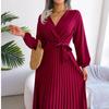 Women Elegant V Neck Long Sleeve Pleated Maxi Dress